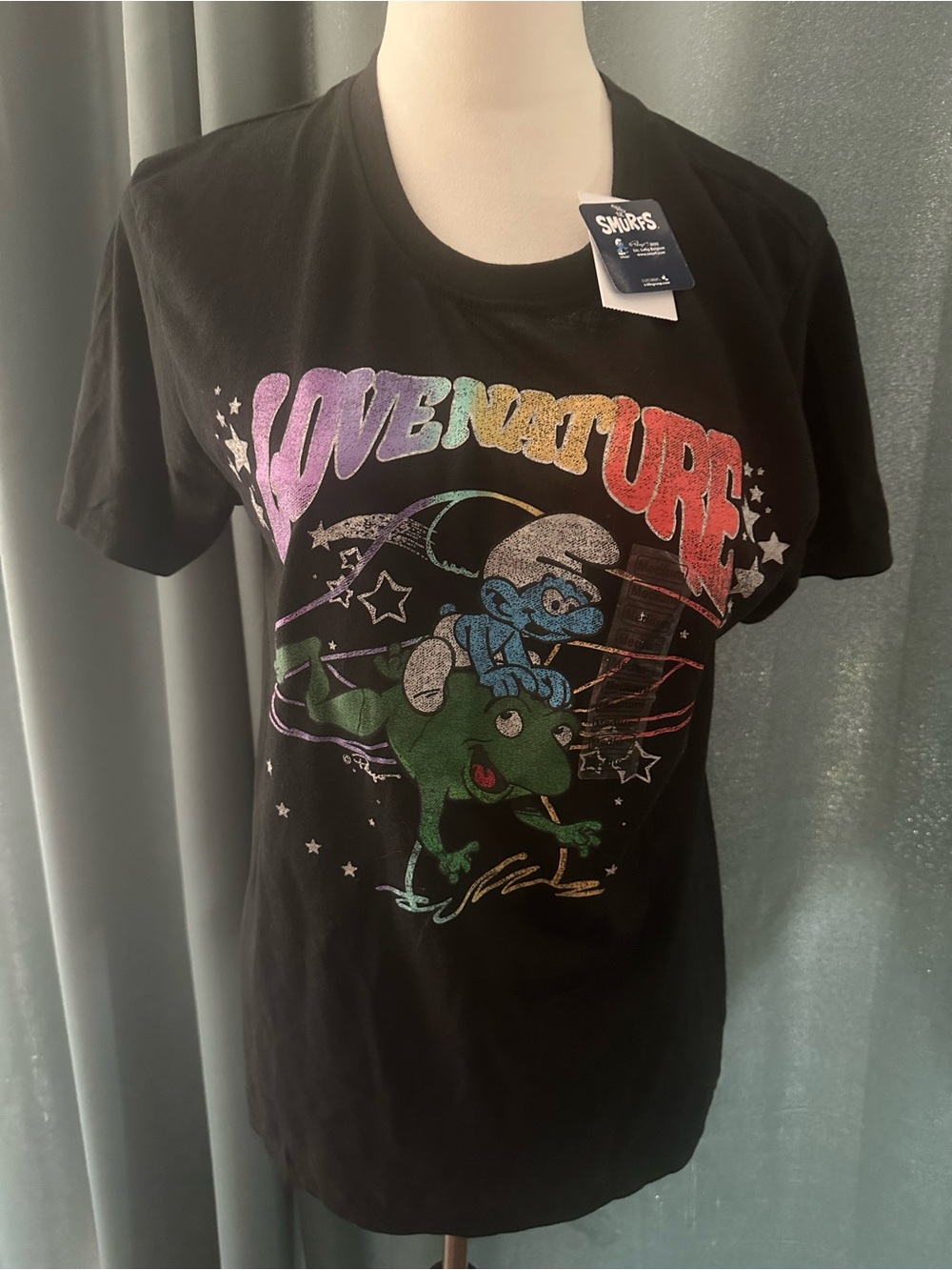 NWT The Smurfs Love Nature Graphic T-Shirt Black Size Medium Retro Cartoon Tee